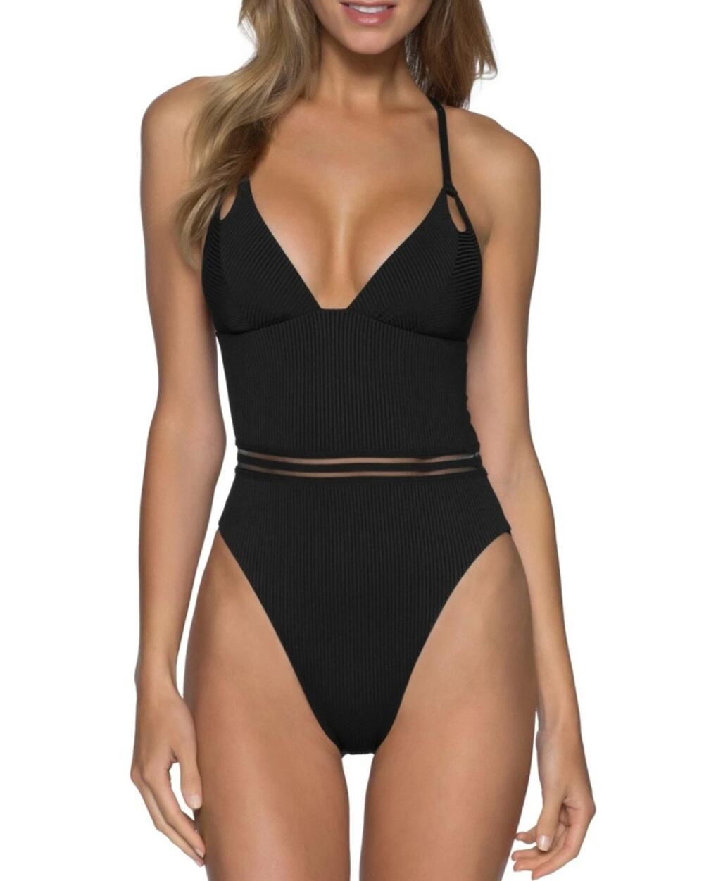 Isabella Rose Women Black Queensland High Leg V-neck One Piece Swimsuit Size L